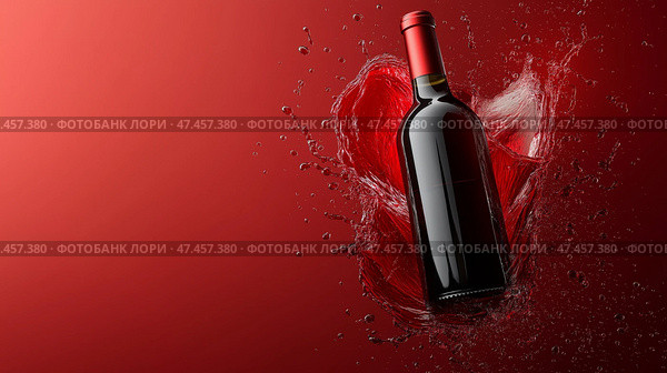 Splashing red wine bottle against a vibrant red background. Бутылка красного вина с брызгами на ярком красном фоне. Стоковое AI-изображение, AI-художник Katsiaryna Repich / Фотобанк Лори