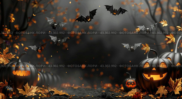Spooky Halloween Bats Flying Over Jack OLanterns In A Dark Forest. Стоковое AI-изображение, AI-художник Юлия Гапеенко / Фотобанк Лори