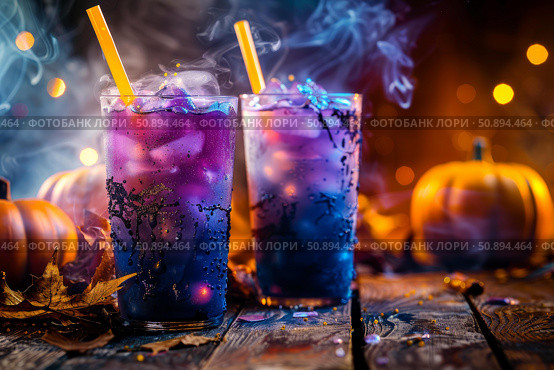 Spooky halloween cocktails releasing smoke with pumpkins and dry ice on rustic wood table. Стоковое AI-изображение, AI-художник Иван Рябоконь / Фотобанк Лори
