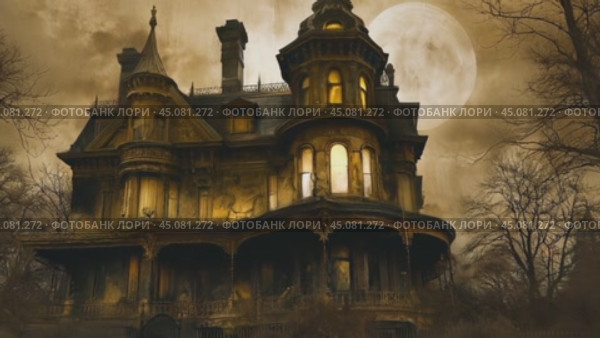 Spooky haunted house is flickering lights in the night. Стоковое AI-видео, аниматор Юрий Поздников / Фотобанк Лори