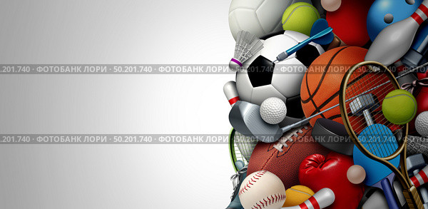 Sports equipment background with a football basketball baseball soccer tennis and golf ball including ping pong tennis hockey puck as healthy recreation including copy space with 3D illustration elements. Стоковое фото, агентство Ingram Publishing / Фотобанк Лори