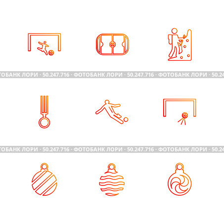 sports , games , atheletes , balls , fitness , football , fifa , russia , cricket , ball , bat , wicket, gym ,  tennis , running, race , hurdles , shoes , flag , icon, vector, design,  flat,  collection, style, creative,  icons. Стоковая иллюстрация, агентство Ingram Publishing / Фотобанк Лори