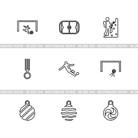 sports , games , atheletes , balls , fitness , football , fifa , russia , cricket , ball , bat , wicket, gym ,  tennis , running, race , hurdles , shoes , flag , icon, vector, design,  flat,  collection, style, creative,  icons. Стоковая иллюстрация, агентство Ingram Publishing / Фотобанк Лори