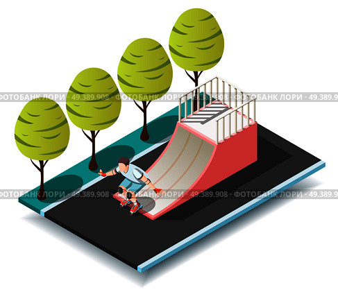 Sports ramp for roller and skateboarders with young sportsman with knee pads on rollers isometric design concept vector illustration. Sports Ramp For Roller And Skateboarders . Стоковая иллюстрация, агентство Ingram Publishing / Фотобанк Лори