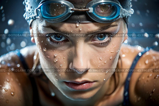 Sports swimming. Women's swim. An athlete wearing swimming glasses in a swimming pool at a close-up competition. The woman looks directly into the camera. Стоковое AI-изображение, AI-художник Photojuli / Фотобанк Лори