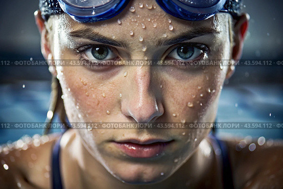 Sports swimming. Women's swim. An athlete wearing swimming glasses in a swimming pool at a close-up competition. The woman looks directly into the camera. Стоковое AI-изображение, AI-художник Photojuli / Фотобанк Лори