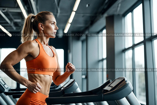 Sporty woman workout on treadmill in modern fitness gym. Adult lady in orange running in interior sports center, exercises treadmill. Cardio working out and sport training concept. Copy ad text space. Стоковое AI-изображение, AI-художник Aleksandr Golubev / Фотобанк Лори