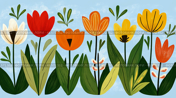 Spring Bloom: A Vibrant Garden of Abstract Floral Illustration for Card, Poster, Wallpaper, Textile. Стоковое AI-изображение, AI-художник Данила Большаков / Фотобанк Лори