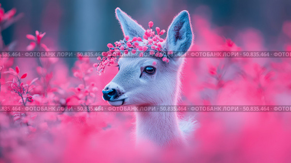 Spring Fawn: A Tender Portrait of a Young Deer Adorned with Blossoms Amidst a Sea of Pink Blooms. Стоковое AI-изображение, AI-художник Данила Большаков / Фотобанк Лори