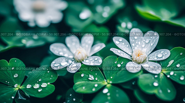 Spring floral beauty: Close-up of delicate white flower and lush shamrock covered in rain droplets, capturing a refreshing natural spring concept. Стоковое AI-изображение, AI-художник Данила Большаков / Фотобанк Лори