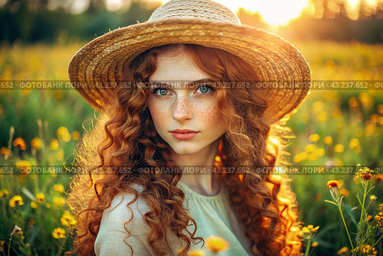 Spring flowering. Portrait of a beautiful curly-haired girl in a straw hat in a blooming field. The girl poses and looks at the camera. Стоковое AI-изображение, AI-художник Photojuli / Фотобанк Лори