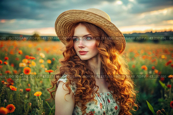 Spring flowering. Portrait of a beautiful curly-haired girl in a straw hat in a blooming field. The girl poses and looks at the camera. Стоковое AI-изображение, AI-художник Photojuli / Фотобанк Лори