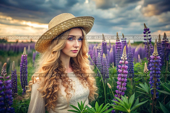 Spring flowering. Portrait of a beautiful curly-haired girl in a straw hat in a blooming field of lupines. The girl poses and looks at the camera. Стоковое AI-изображение, AI-художник Photojuli / Фотобанк Лори