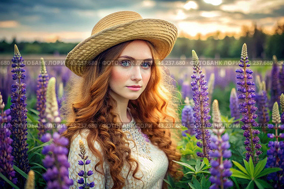 Spring flowering. Portrait of a beautiful curly-haired girl in a straw hat in a blooming field of lupines. The girl poses and looks at the camera. Стоковое AI-изображение, AI-художник Photojuli / Фотобанк Лори