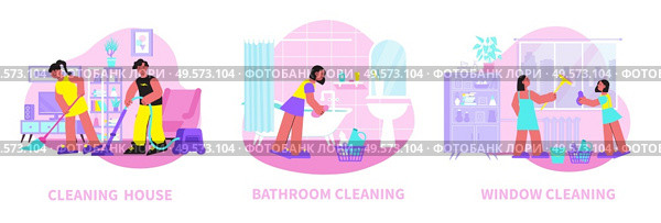 Spring home cleaning 3 flat compositions with family sweeping vacuuming floor scrubbing bathtub washing window vector illustration. Стоковая иллюстрация, агентство Ingram Publishing / Фотобанк Лори