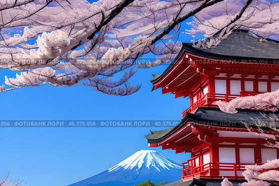 Spring sakura blossom, pagoda against the backdrop of Mount Fuji, landscape. Стоковое AI-изображение, AI-художник Сергей Елизарьев / Фотобанк Лори