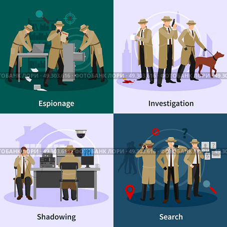 Spy Flat Concept . Spy flat concept with detectives dressed in brown coat and involving in different professional situations vector illustration. Стоковая иллюстрация, агентство Ingram Publishing / Фотобанк Лори