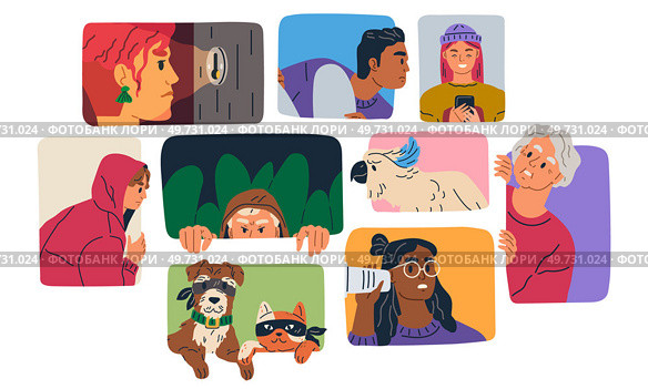 Spying, observing and sneaking. Vector illustration. Peeking person, quiet observer maneuvering from sidelines Spy, master of camouflage, constantly on watch Sneaking secret, hushed undertones. Spying, observing and sneaking. Peeking person, silent observer peering from hidden corners Spy, master of unobserved. Стоковая иллюстрация, агентство Ingram Publishing / Фотобанк Лори