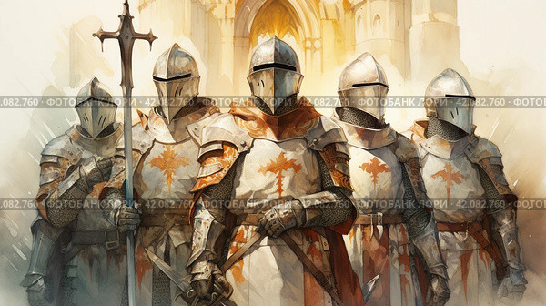 Squad of crusaders watercolor,Generative AI. Стоковое AI-изображение, AI-художник Анна Кривицкая / Фотобанк Лори