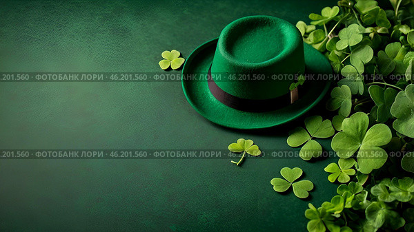 St. Patrick's Day, March 17th. Green background with clover leaves and a leprechaun hat. A copy of a flat space. Стоковое AI-изображение, AI-художник Photojuli / Фотобанк Лори
