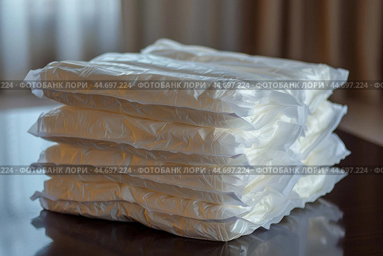 Stack of adult diapers resting on a table. Стоковое AI-изображение, AI-художник Иван Рябоконь / Фотобанк Лори