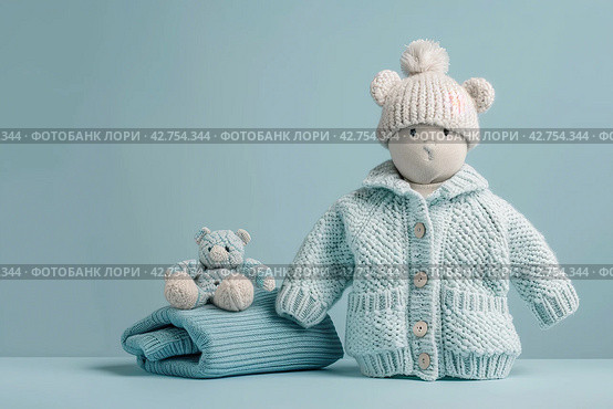Stack of baby knitted clothes and teddy bear toy on table. Set of newborn child rompers, hat and jumper. Fashion infant accessories isolated pastel blue background, empty space. Kid's toys and clothes. Стоковое AI-изображение, AI-художник Марина Демидюк / Фотобанк Лори