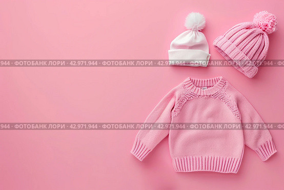 Stack of baby knitted clothes on a table. Set of newborn child rompers, hat and jumper. Fashion infant accessories isolated pastel pink background, empty space. Kid's toys and clothes. Стоковое AI-изображение, AI-художник Марина Демидюк / Фотобанк Лори