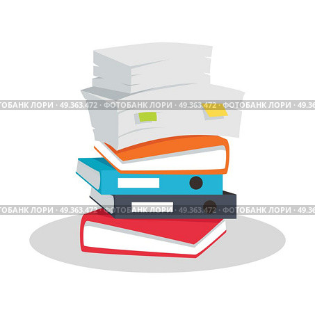Stack of Documents Vector Flat Design on White.. Stack of papers. Large number of business documents with bookmarks. Colorful binders.Paper work, office routine, bureaucracy concept. Flat design. Illustration for data, e-mail, management, services. Стоковая иллюстрация, агентство Ingram Publishing / Фотобанк Лори
