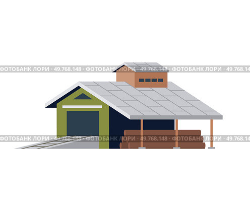 Stack of firewood and garage, woodpile for making fire. Felled tree trunks, wood storage. Flat vector illustration building and timber isolated on background. Sawmill, wood production and forestry. Stack of firewood and garage, woodpile for making fire. Felled tree trunks, wood storage. Sawmill. Стоковая иллюстрация, агентство Ingram Publishing / Фотобанк Лори
