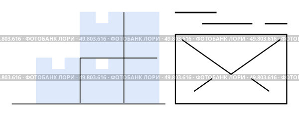 Stack of three boxes next to an envelope with lines suggesting motion. Ideal for logistics, e-commerce, package delivery, mail services, inventory management, and communication. Banner for landing. Simplified Boxes and Envelope Line Art for Logistics, Shipping, and Communication. Стоковая иллюстрация, агентство Ingram Publishing / Фотобанк Лори