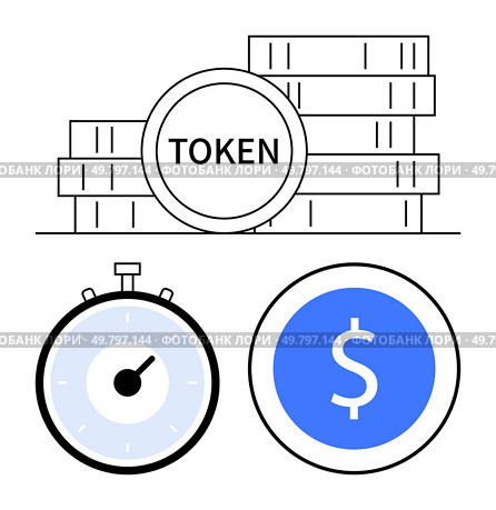 Stacked tokens labeled TOKEN stopwatch with partial blue and coin with dollar sign. Ideal for cryptocurrency, investment, timing, digital currency, finance, trading, and blockchain concepts. Line. Cryptocurrency Tokens, Investment Timer, and Digital Currency Coin. Стоковая иллюстрация, агентство Ingram Publishing / Фотобанк Лори