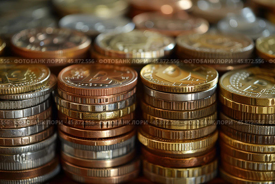 Stacks of coins representing savings, investment, and financial growth. Стоковое AI-изображение, AI-художник Иван Рябоконь / Фотобанк Лори