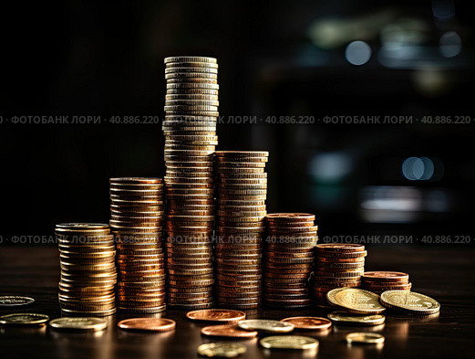 Stacks of yellow coins on the table on a dark background with a young green sprout. Стоковое AI-изображение, AI-художник Ярославский Максим / Фотобанк Лори