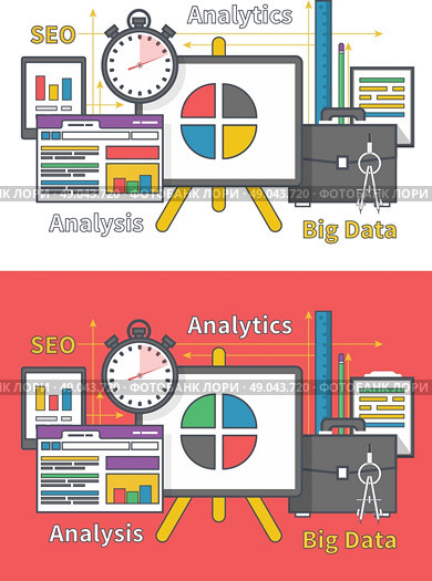 Stand with charts and parameters. Business concept of analytics. Analysis big data seo in flat design. Can be used for web banners, marketing and promotional materials, presentation templates. Стоковая иллюстрация, агентство Ingram Publishing / Фотобанк Лори