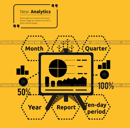Stand with charts and parameters. Business concept of analytics. Poster banner on yellow background. Presentation and analysis, rating and performance indicators. Phrase analytics in isolation quotes. Стоковая иллюстрация, агентство Ingram Publishing / Фотобанк Лори