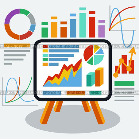 Stand with charts graphs and parameters. Business concept of analytics. Стоковая иллюстрация, агентство Ingram Publishing / Фотобанк Лори