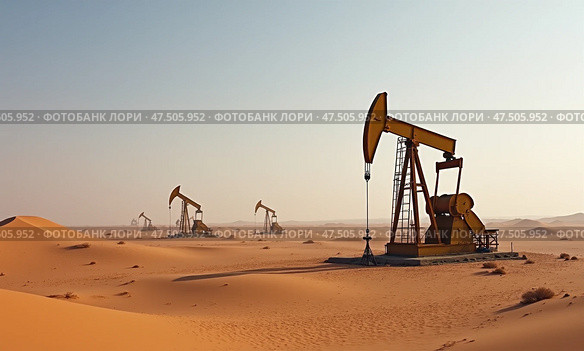 Станок-качалка нефти в пустыне. Стоковое AI-изображение, AI-художник Илья Старков / Фотобанк Лори