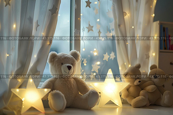 Star shaped Christmas lights, teddy bear toy, hygge Christmas decoration for children room interior. Xmas lanterns on window sill and festive garland string at home. Waiting for the miracle. New Year. Стоковое AI-изображение, AI-художник Марина Демидюк / Фотобанк Лори