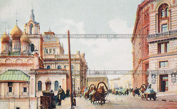 Старинная дореволюционная открытка. Город Москва. Улица Варварка. Стоковое фото, фотограф Игорь Низов / Фотобанк Лори