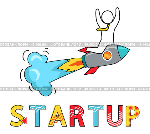 Startup abstract visualization of successful idea isolated on white vector illustration, man s flying on jet rocket that implement his new project. Startup Abstract Visualization of Successful Idea. Стоковая иллюстрация, агентство Ingram Publishing / Фотобанк Лори