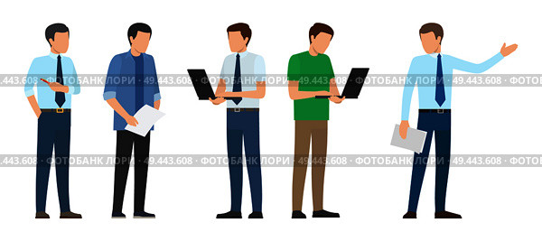 Startup poster with male businessman in ties with notebooks, paper lists, pointing on something by pen vector of people in cartoon style, teamwork. Startup Poster Male Businessman in Ties Notebooks. Стоковая иллюстрация, агентство Ingram Publishing / Фотобанк Лори