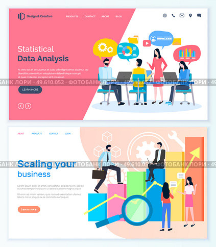 Statistical data analysis, scaling your business landing page decorated by man and woman workers using laptop, rising graph, successful team, people vector. Website or web-page template in flat style. Successful Teamwork, Analysis and Scaling Vector. Стоковая иллюстрация, агентство Ingram Publishing / Фотобанк Лори