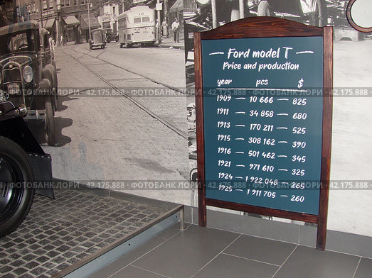 Статистика по выпущенным автомобилям марки "Ford-Т" начиная с 1909 по 1925 год и их цена. Музей автомобильной техники. Верхняя Пышма, Россия (2022 год). Редакционное фото, фотограф Сергей Елизарьев / Фотобанк Лори