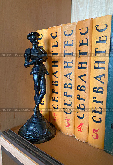 Статуэтка "Дон Кихот" на полке рядом с книгами Сервантеса (2021 год). Редакционное фото, фотограф Мария Кылосова / Фотобанк Лори