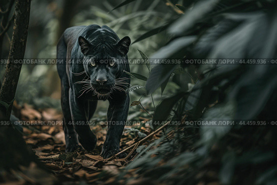 Stealthy Black panther tropical forest walk. Generate Ai. Стоковое AI-изображение, AI-художник Иван Рябоконь / Фотобанк Лори