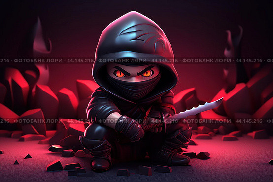 Stealthy ninja warrior in the shadows. Стоковое AI-изображение, AI-художник Иван Рябоконь / Фотобанк Лори