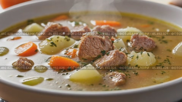 Steaming hot beef stew simmering in bowl. Стоковое AI-видео, аниматор Юрий Поздников / Фотобанк Лори