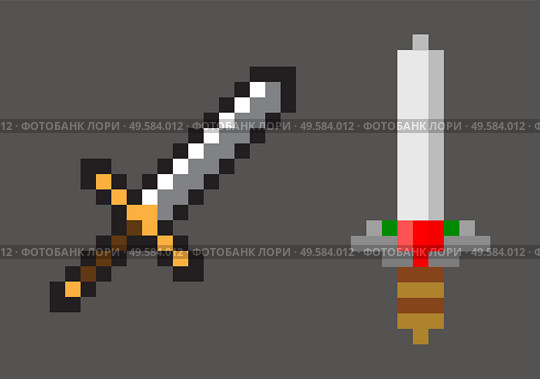 Steel set on grey, medieval equipment of pixel game, military metal symbol in flat design style, mosaic knife, blade object, squared weapon vector. Pixel Game, Mosaic Falchion, Blade Sign Vector. Стоковая иллюстрация, агентство Ingram Publishing / Фотобанк Лори