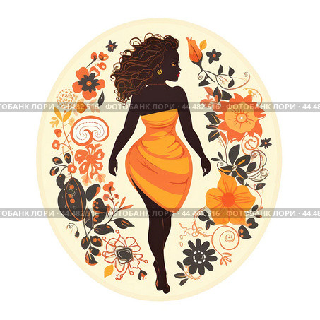 Sticker of a Body positive: beyond stereotypes, women who love themselves as they are. Стоковое AI-изображение, AI-художник Veniamin Kraskov / Фотобанк Лори