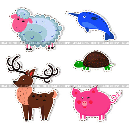 Stickers and icons set of cute wild and domestic animals - funny sheep, turtle, pig, reindeer and narwhal flat vectors isolated on white. Mammals and reptile illustrations outlined with dotted line. Cute Animals Cartoon Flat Vector Stickers Set. Стоковая иллюстрация, агентство Ingram Publishing / Фотобанк Лори